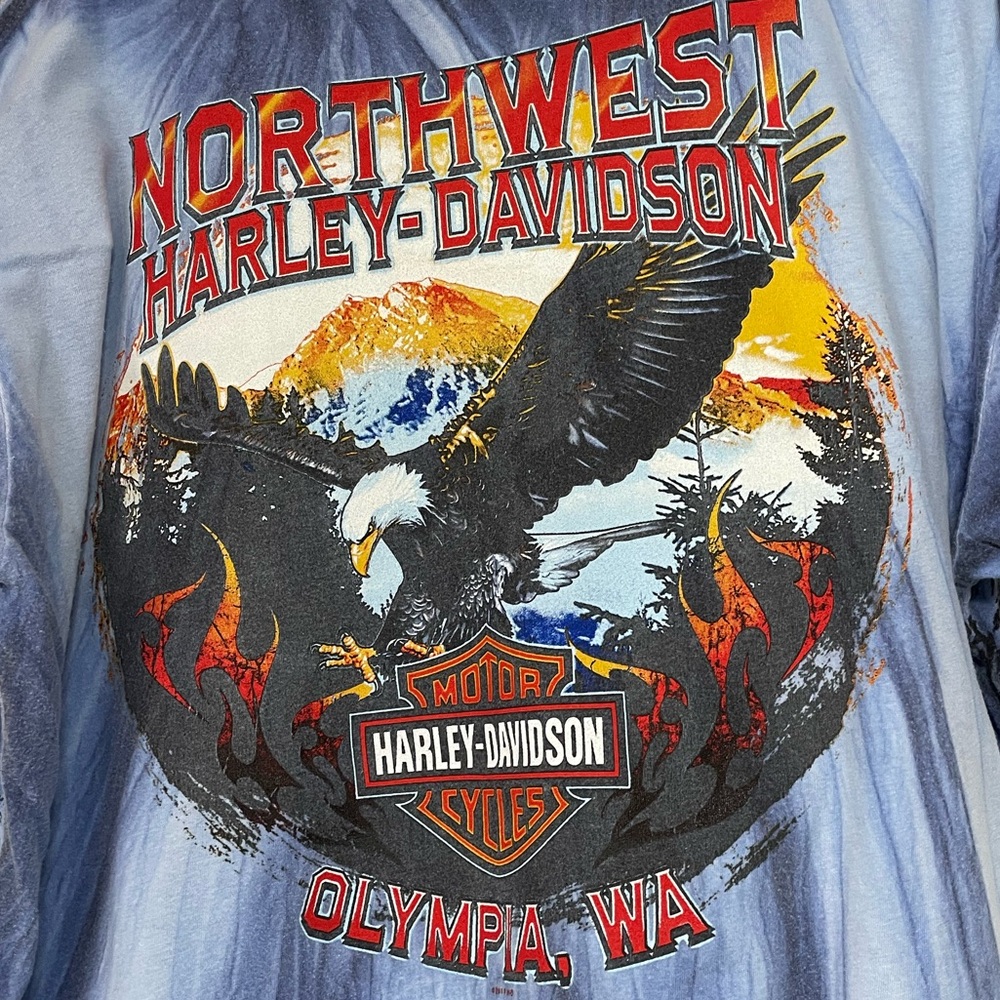 Harley-Davidson blue tie dye Olympia, WA all over graphic tee w/ eagles sz XL